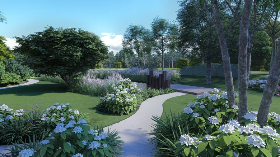 Tuinontwerp met weelderige borders en een gebogen wandelpad