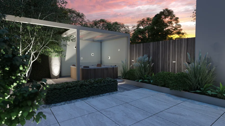 Loungetuin met verzonken jacuzzi en houten pergola